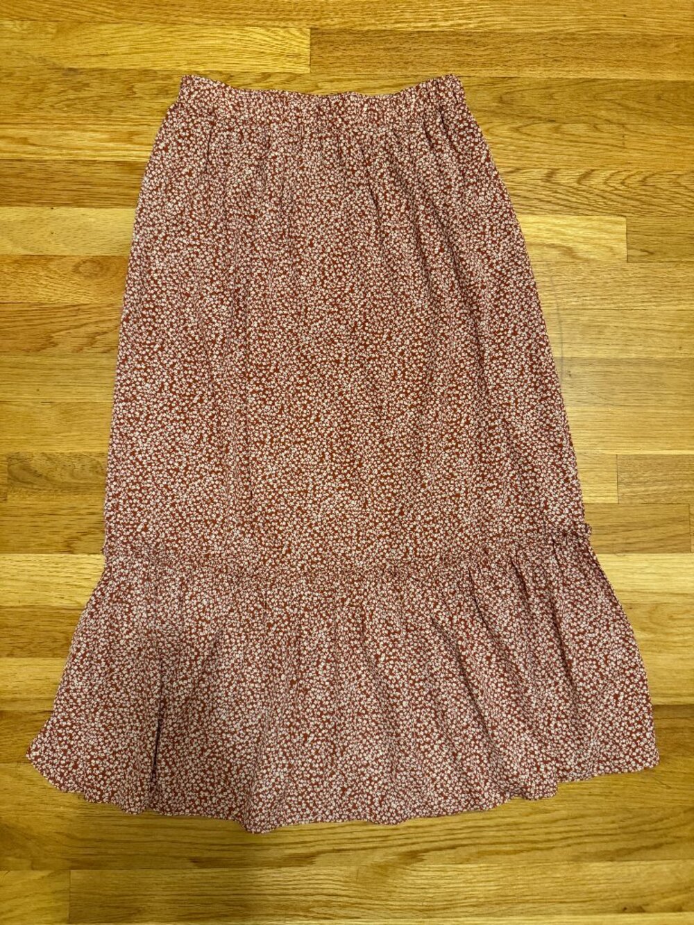 SHE + SKY Floral Ruffled Hem Lined Elastic Waist Midi Skirt